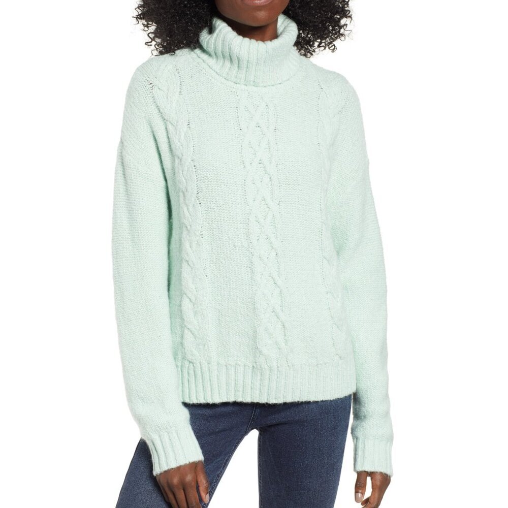 BP NORDSTROM Cozy Cable Knit Turtleneck Sweater Light Mint Green Chunky Knit L